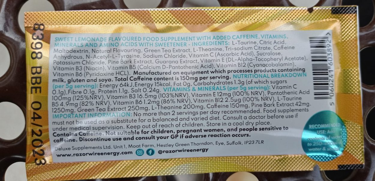 A packet of Razorwire energy powder showing its ingredients