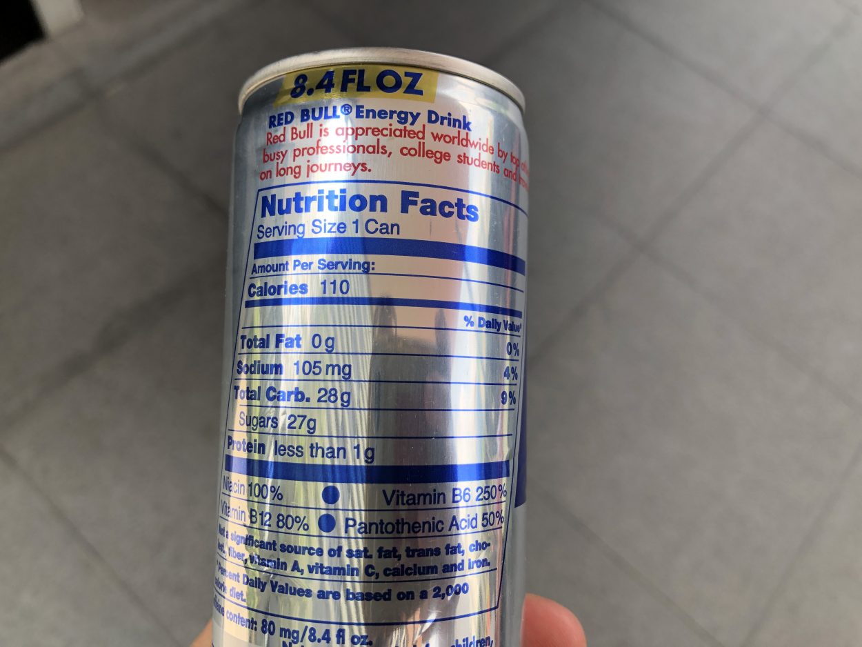 Nutrition facts label on the back of Red Bull