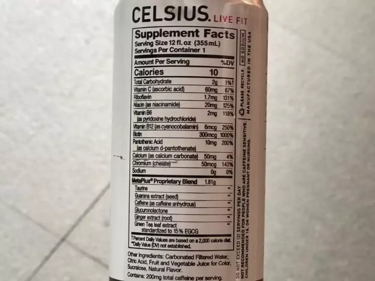 Ingredient label on the can of Celcius Live fit.