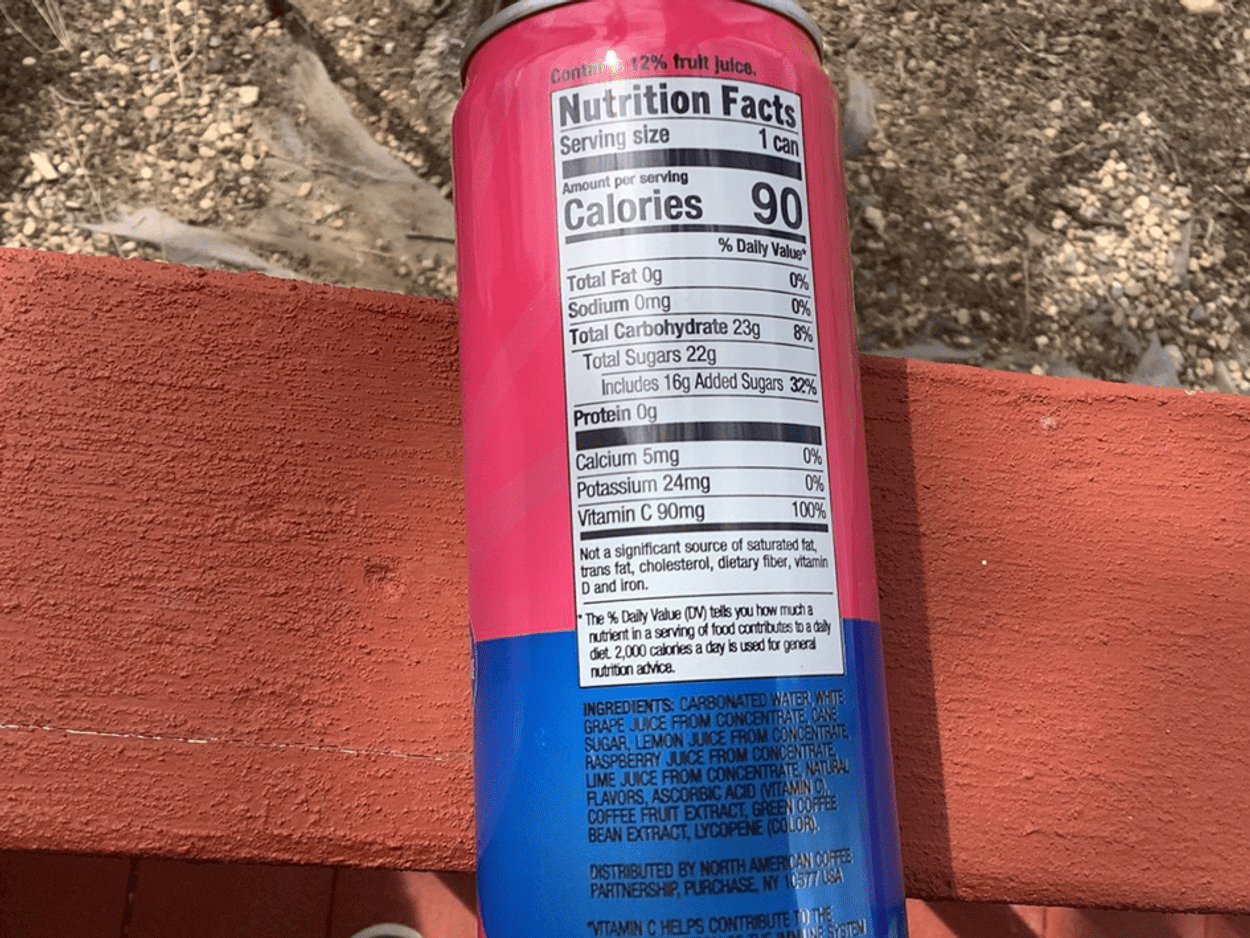 Ingredient label of baya energy drink.