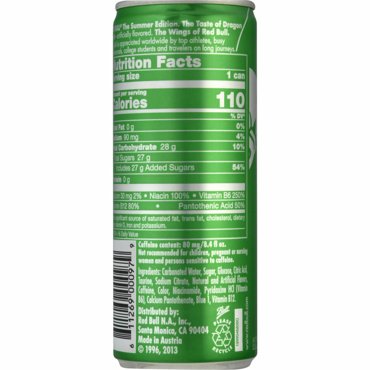 Image of Ingredient List on Red Bull energy drink.