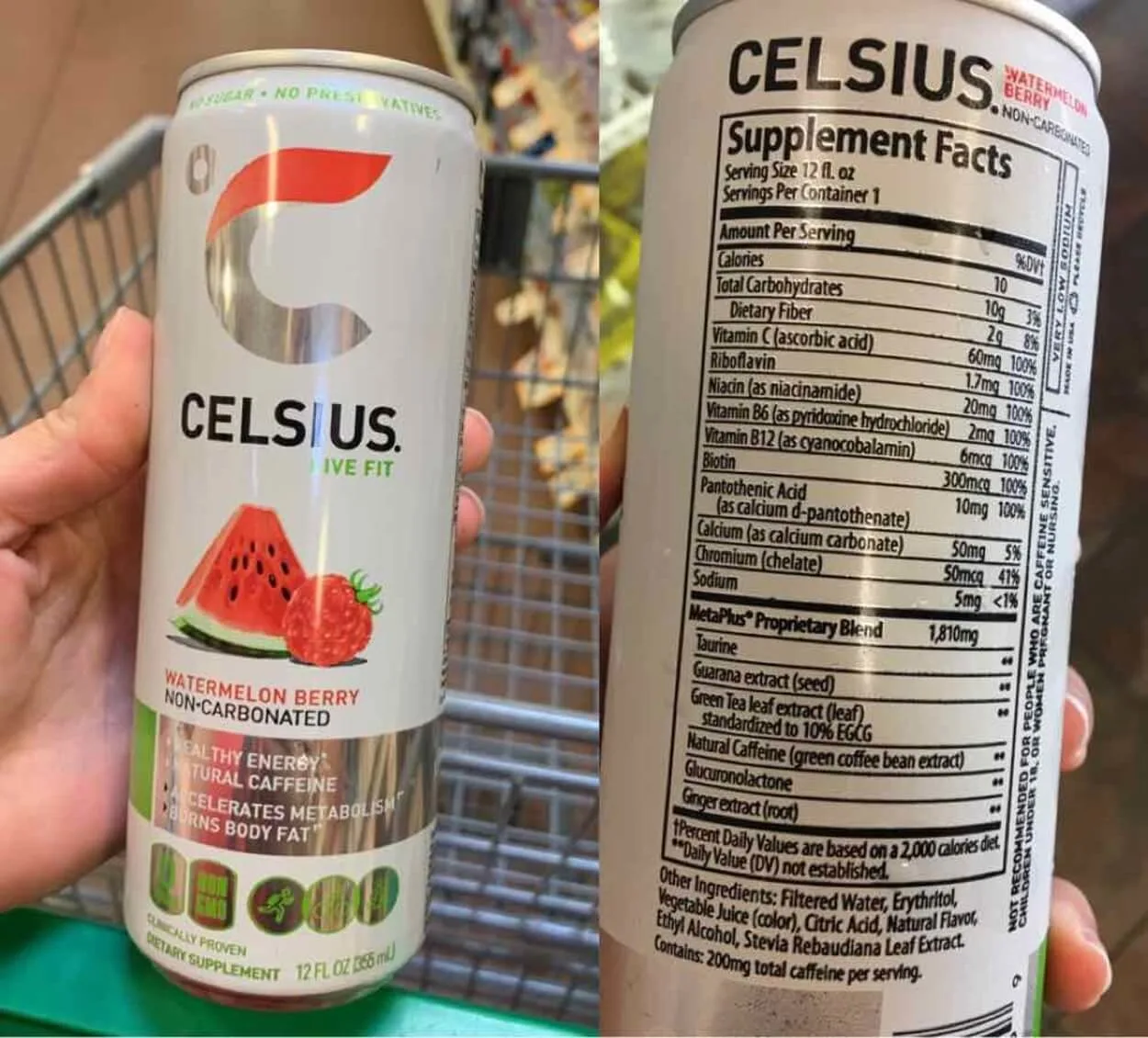 Image of Celsius ingredient label.