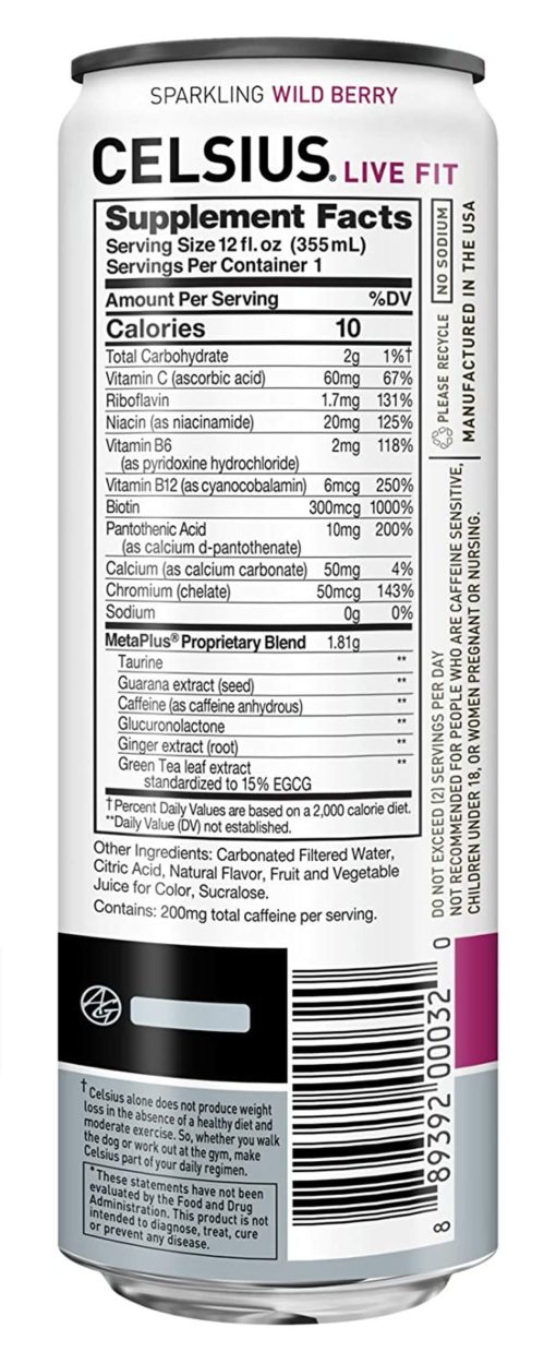Nutritional details of Celsius Energy drink.