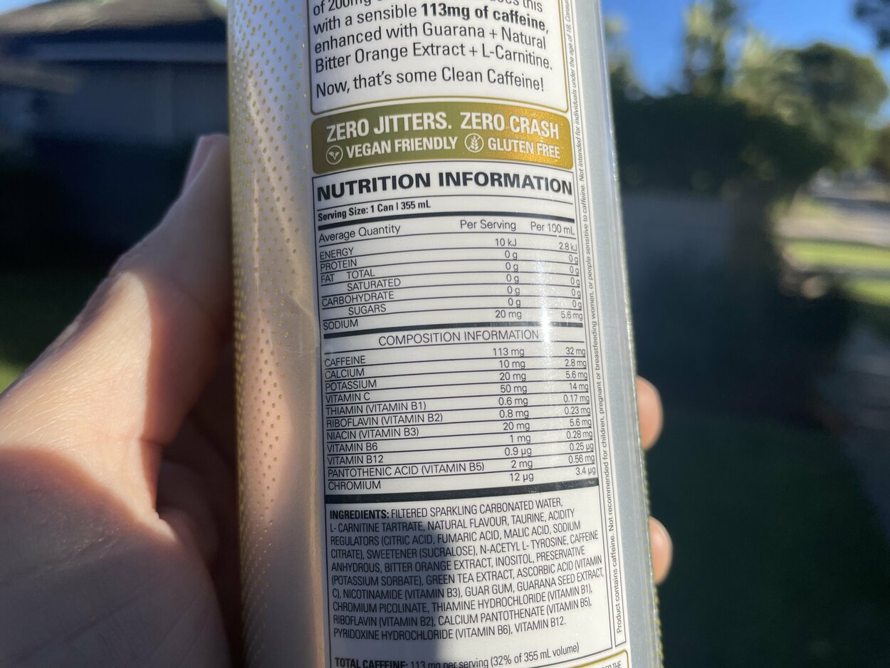 Ingredients label of OxyShred Energy drink.