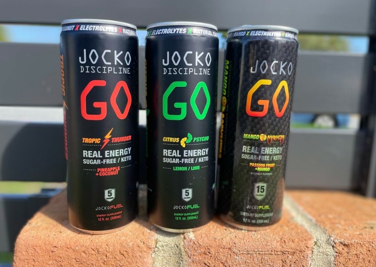 three cans of Jocko Go on a ledge